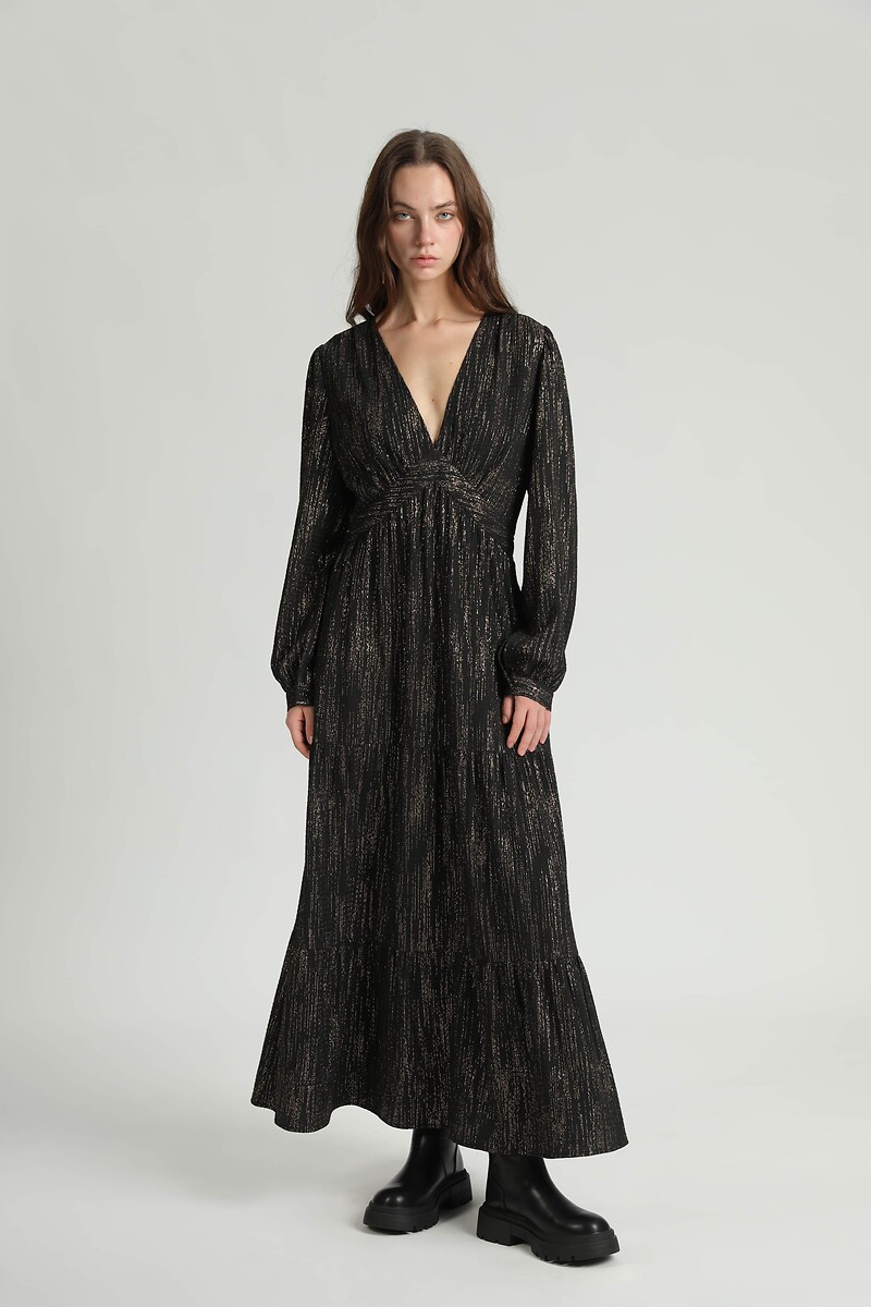 Robe longue fils métallisés, col V, SEE U SOON