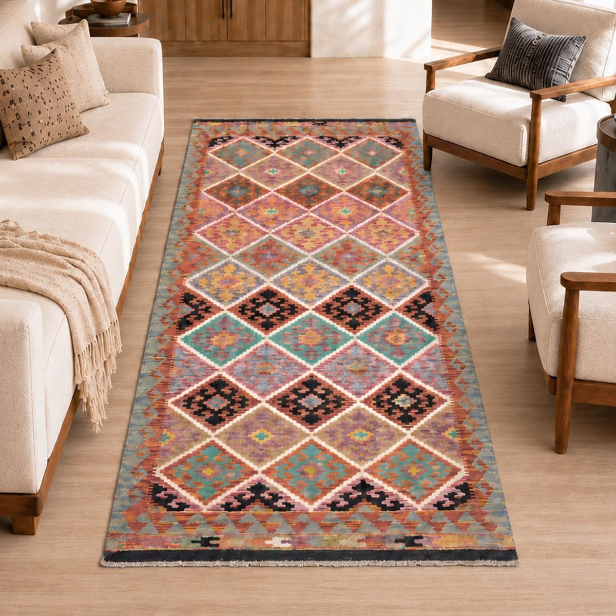 Tapis kilim, motif ethnique, tissage plat artisanal, KILIM 89, UN AMOUR DE TAPIS
