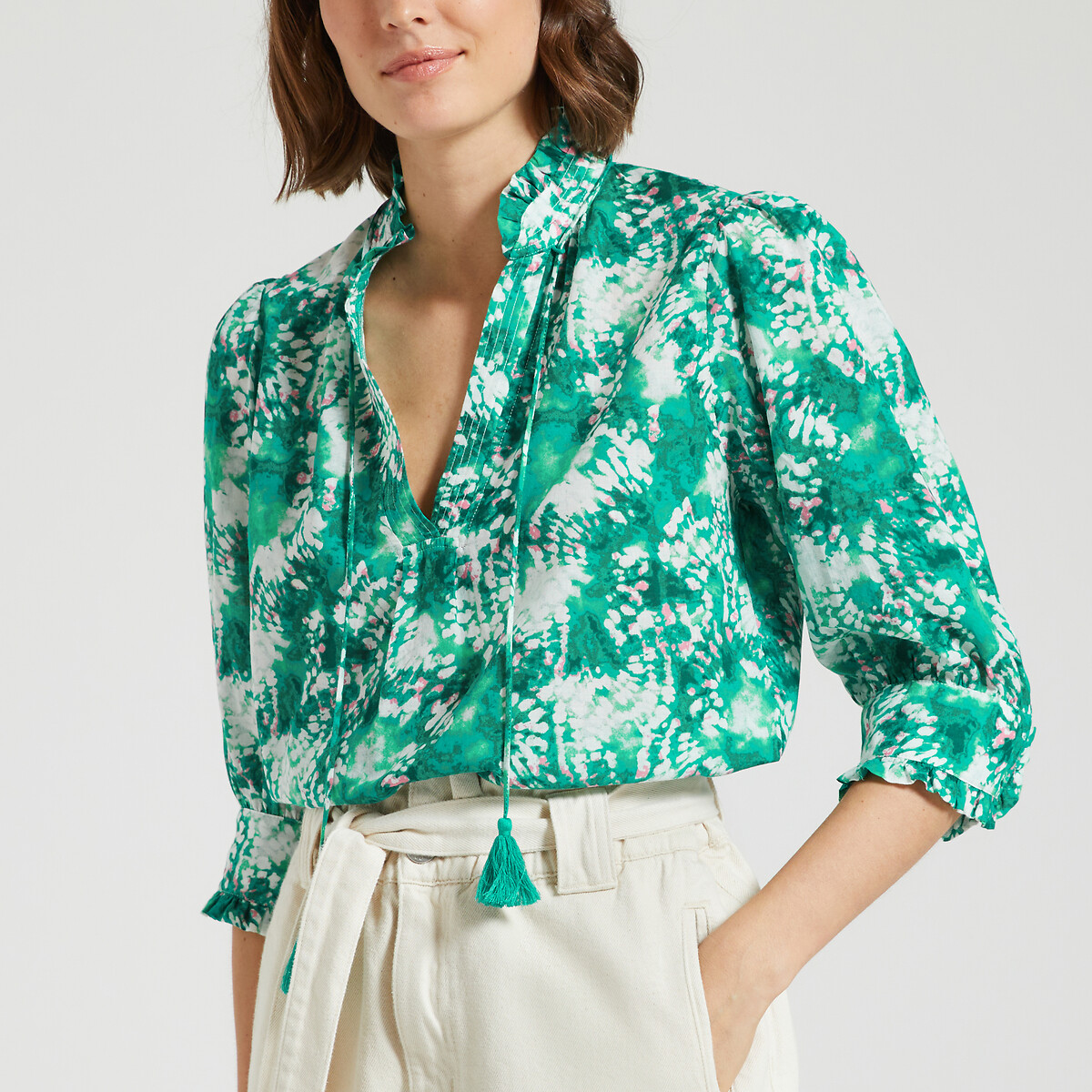 Image of Lamar Floral Cotton Blouse with Ruffled Edging