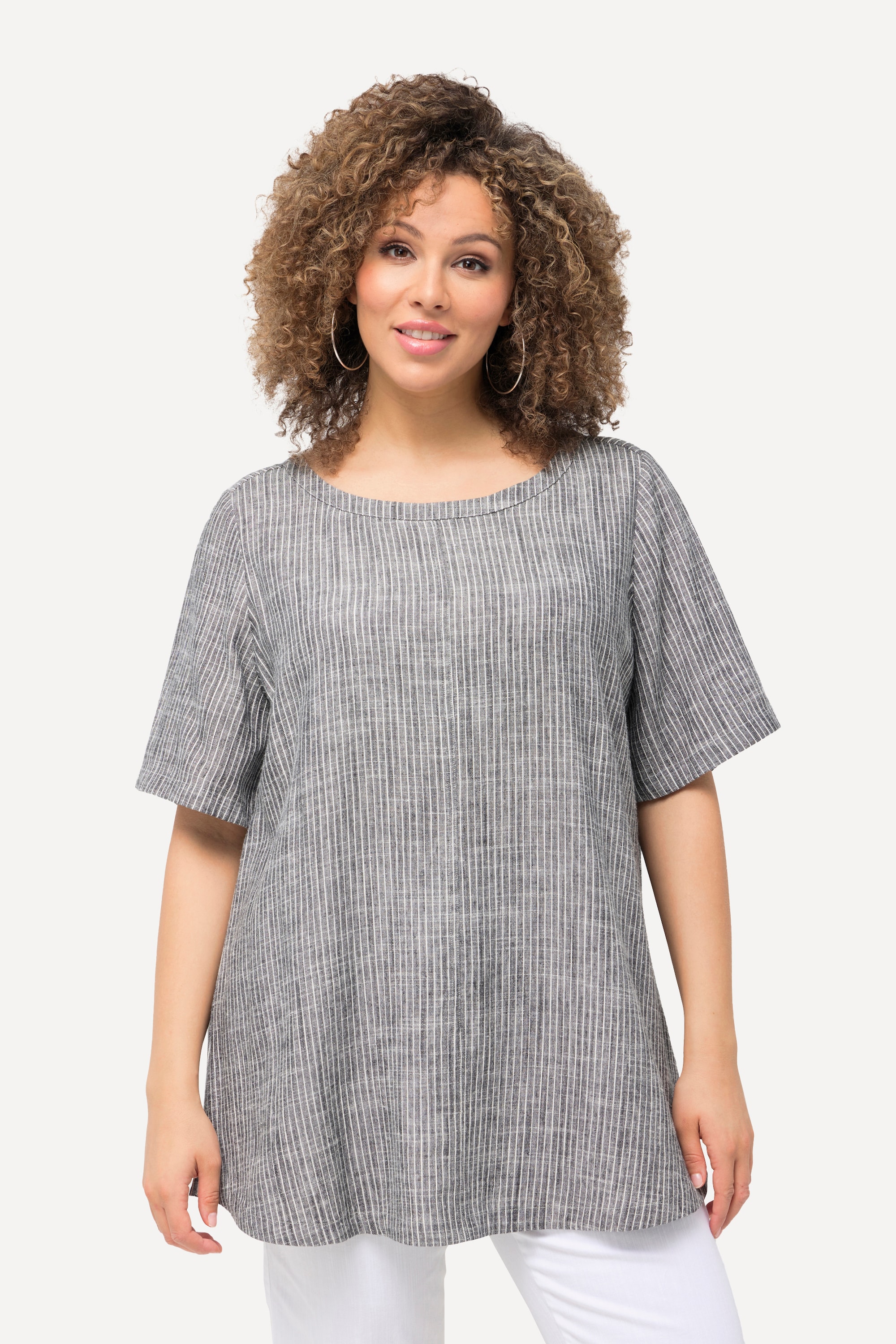 Blouse à rayures en lin mélangé. Encolure, ULLA POPKEN