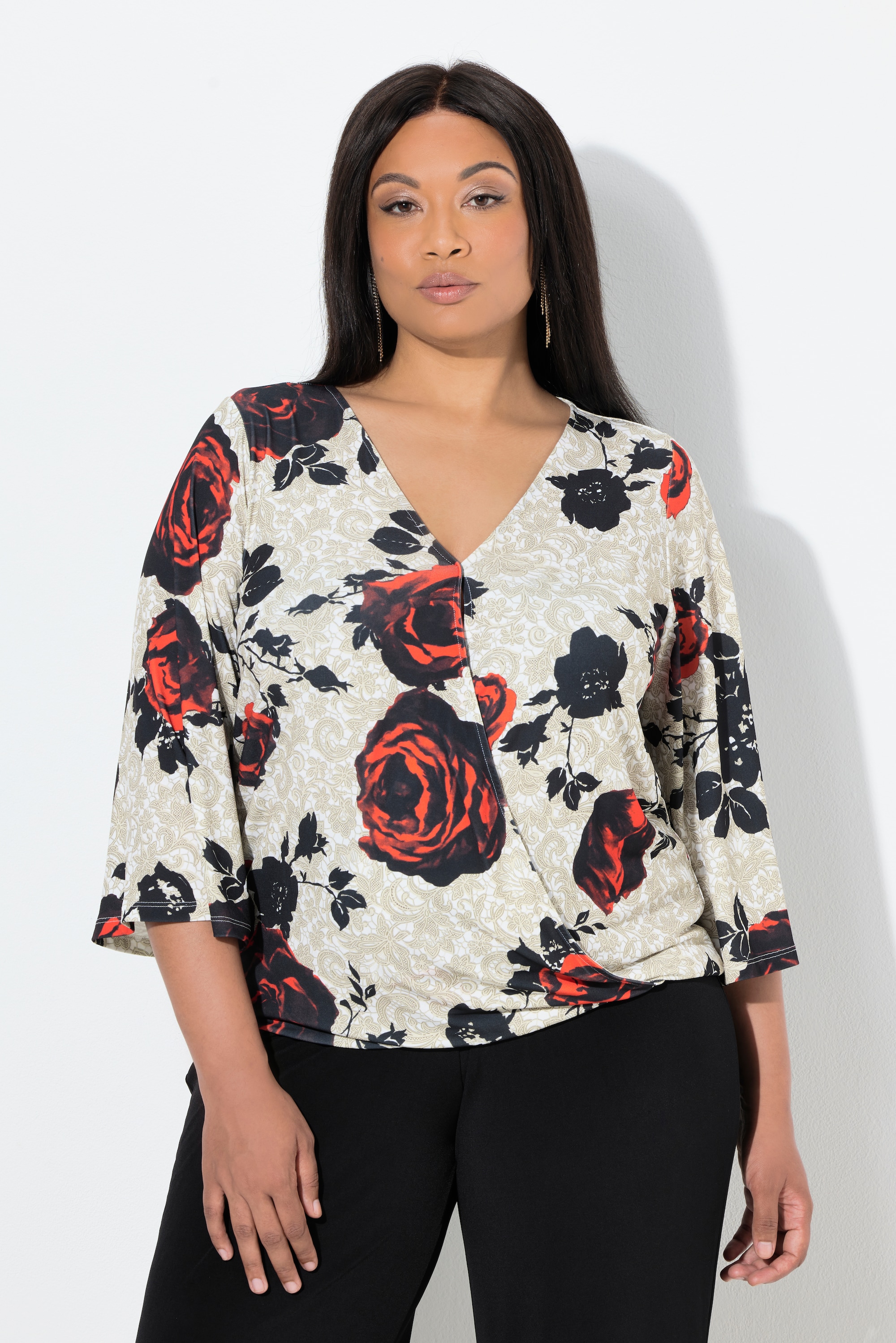 T-shirt à motif roses et effet cache-cœur, ULLA POPKEN
