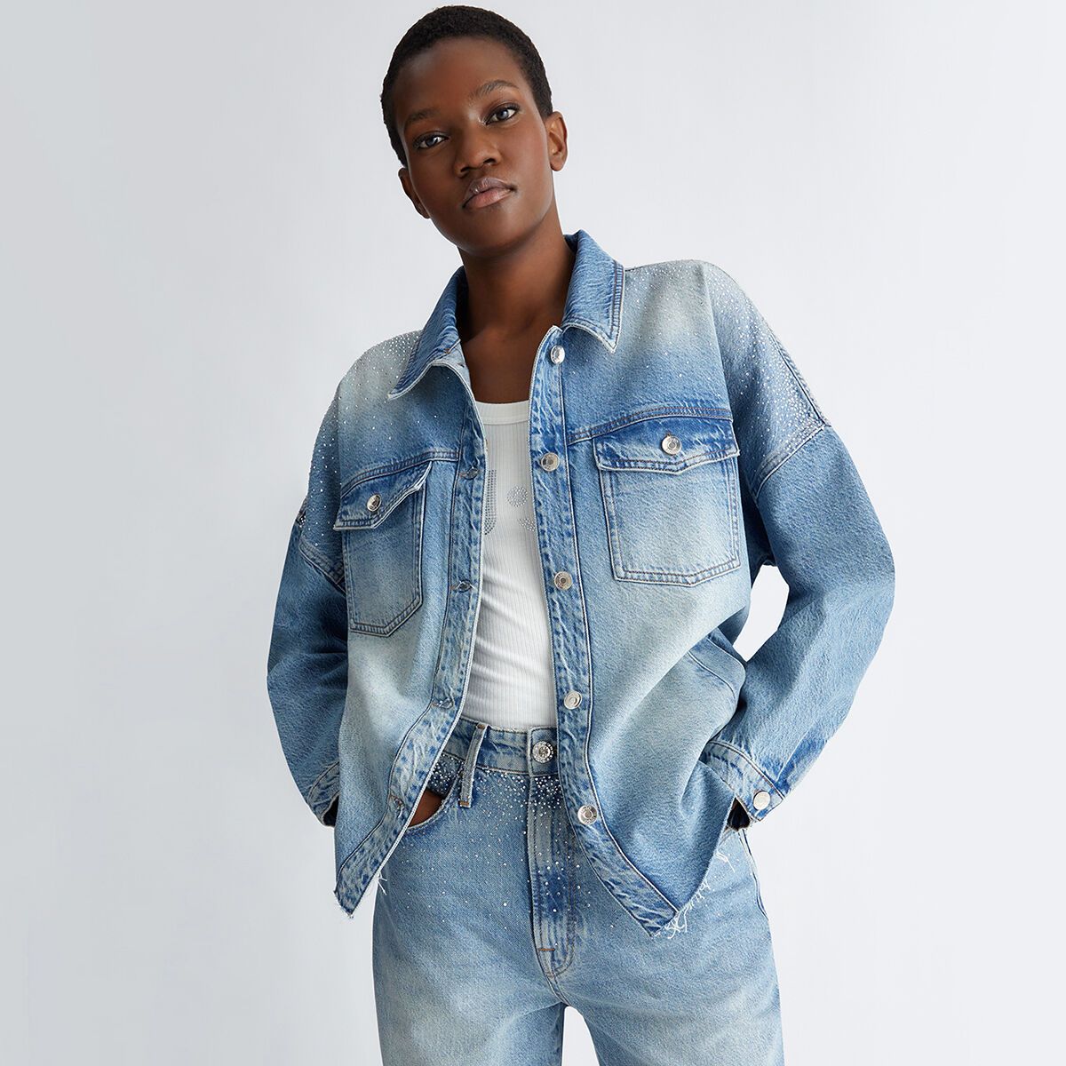 Veste en denim avec strass denim bleu fonc Liu Jo La Redoute