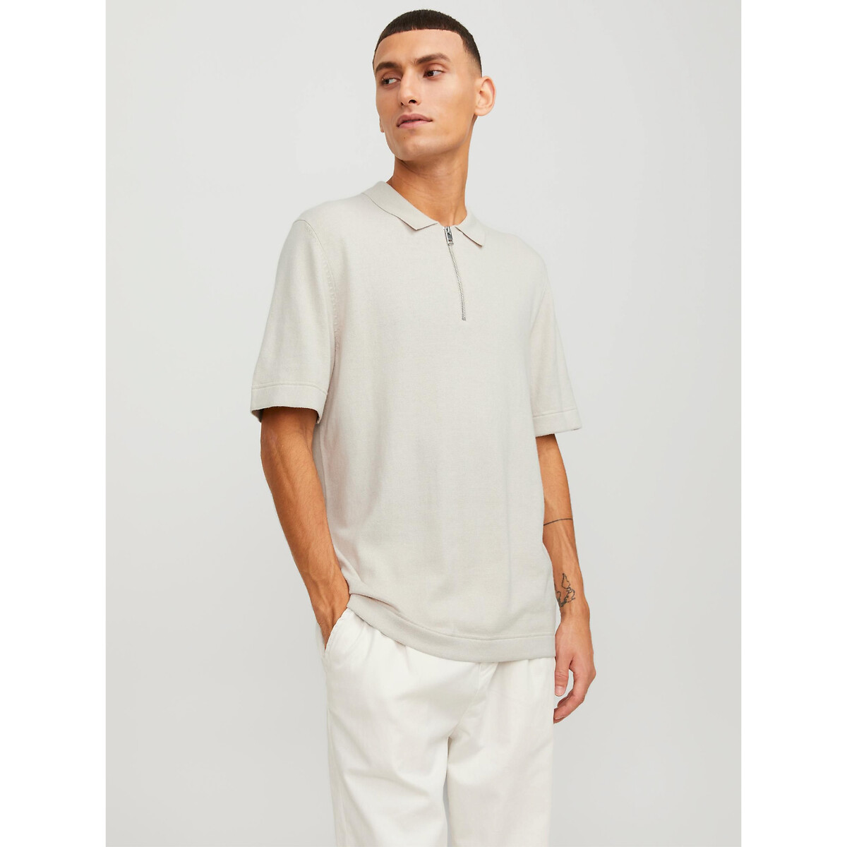Image of Half Zip Polo Shirt in Cotton Mix