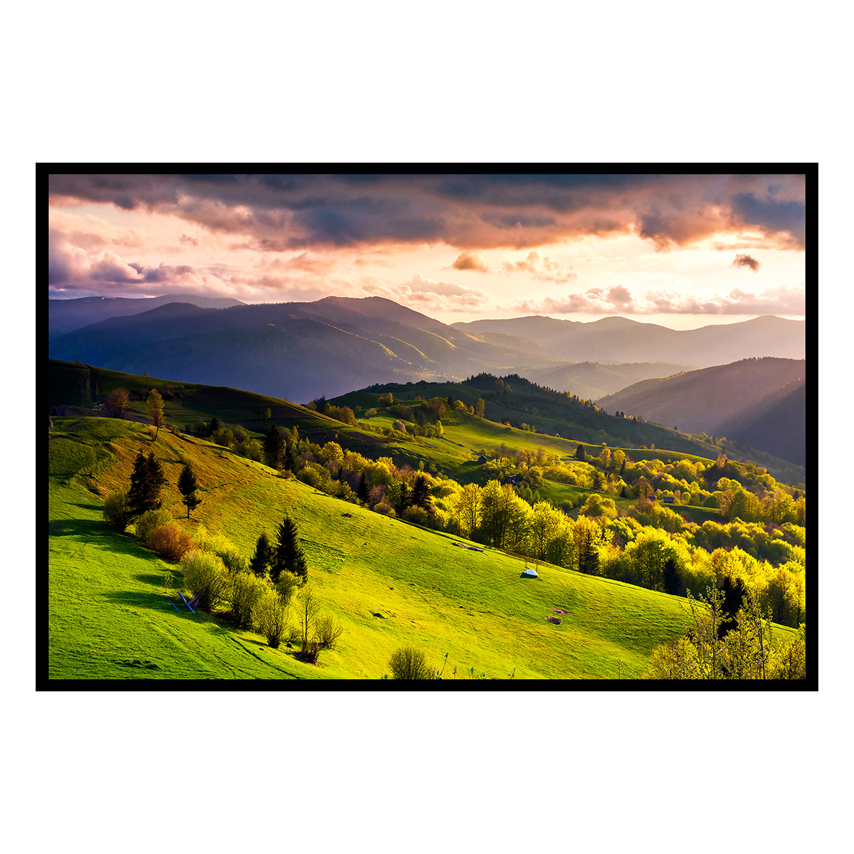 Affiche encadrée paysage vallonné au coucher du soleil, HEXOA