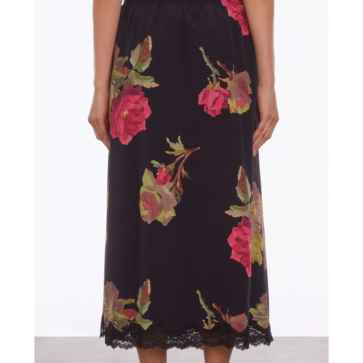Floral Silk Midaxi Skirt with Lace Trim