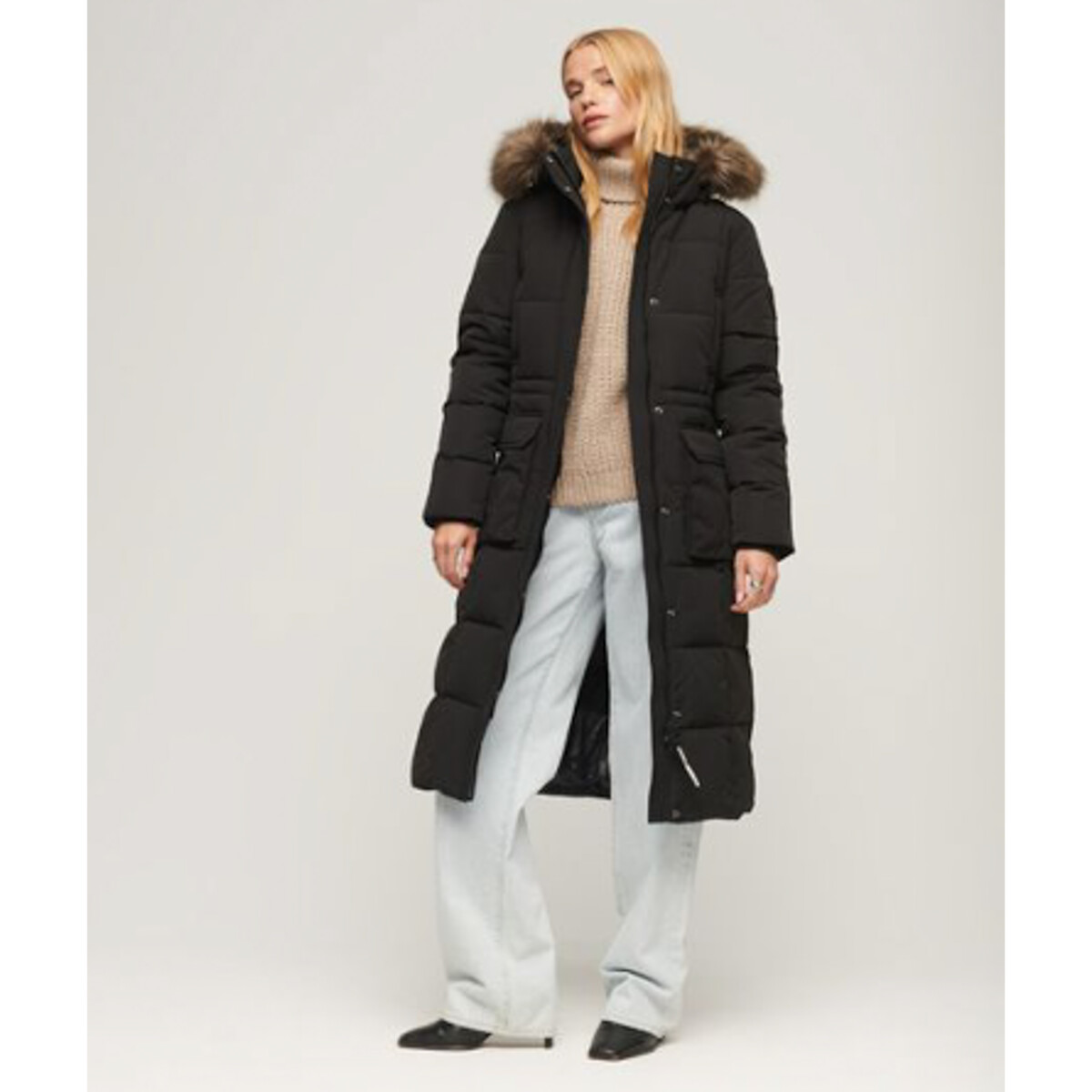 Image of Everest Long Padded Jacket with Faux Fur Trim Hood