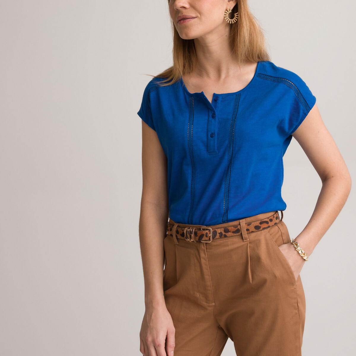 Cotton grandad collar t-shirt with short sleeves , blue, Anne Weyburn | La  Redoute