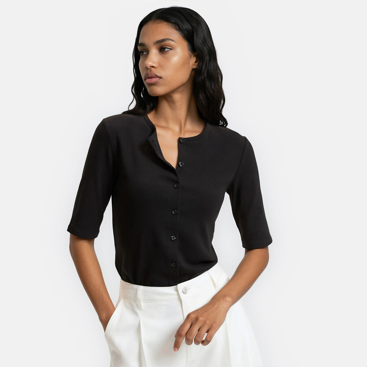 Short Sleeve Button-Down Crew Neck T-Shirt, LA REDOUTE COLLECTIONS