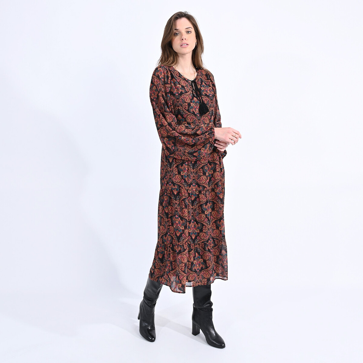Printed Midaxi Dress with Long Sleeves