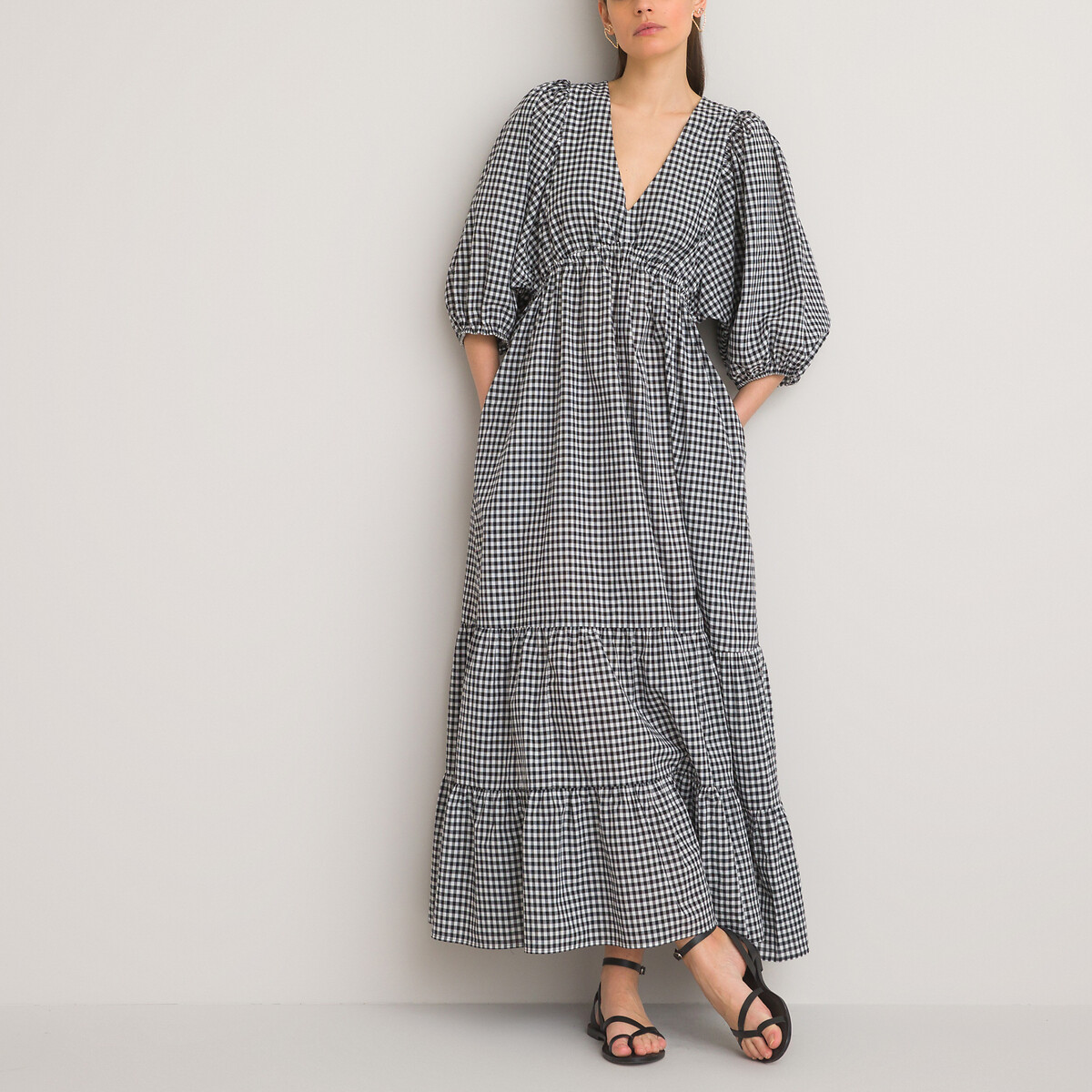 Cotton tiered maxi dress in gingham 