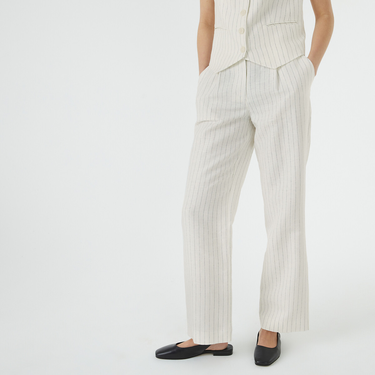 Linen/cotton pinstripe trousers, length 30, ivory / navy stripe