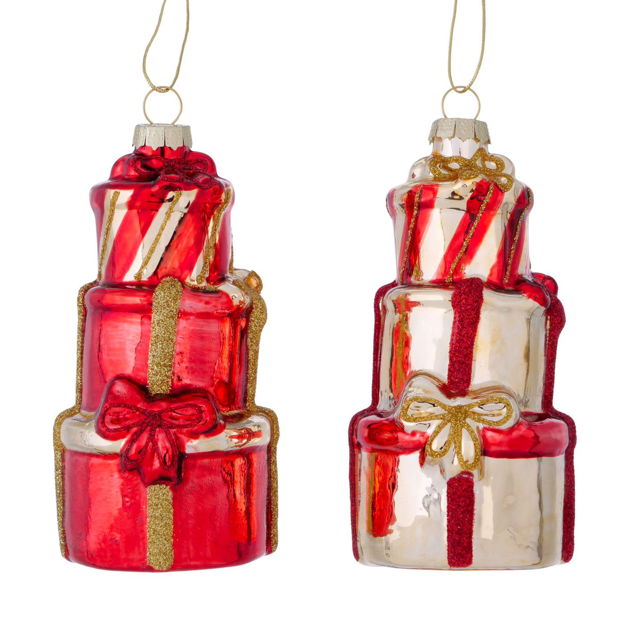 Set de 2 boules de Noël cadeaux en verre laqué rouge et beige 6.5x6.5x13.5cm, WADIGA