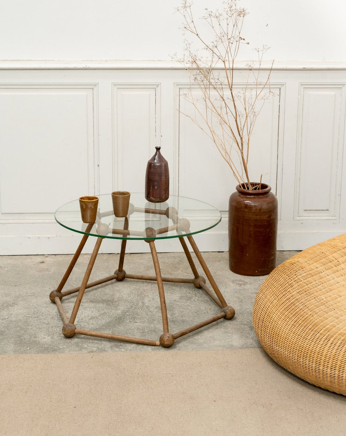 Table basse ronde en verre et bois Donna N°1071 - Bon état, DEBONGOUT