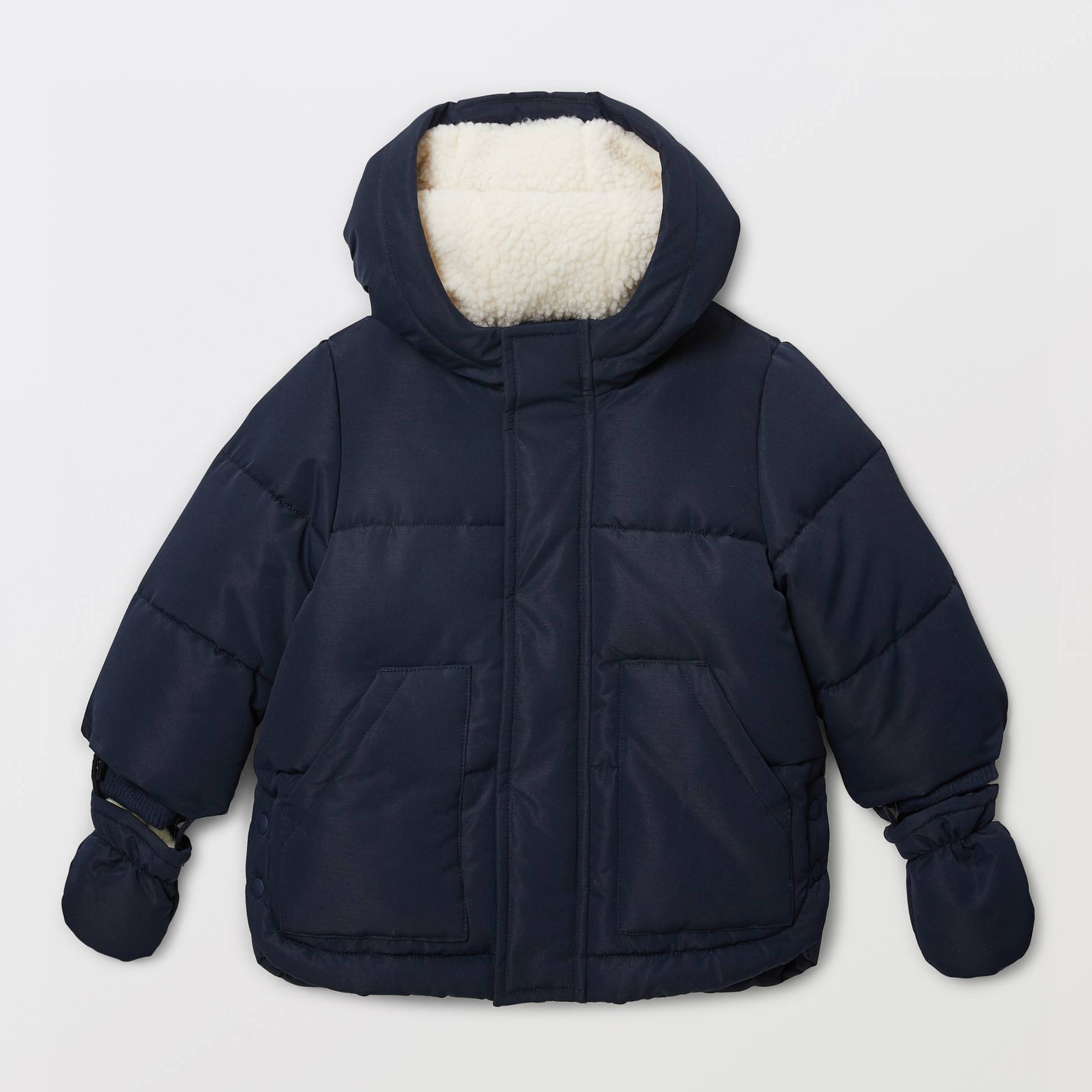 Parka à capuche unie doublée en imitation fourrure avec moufles, BOUT'CHOU