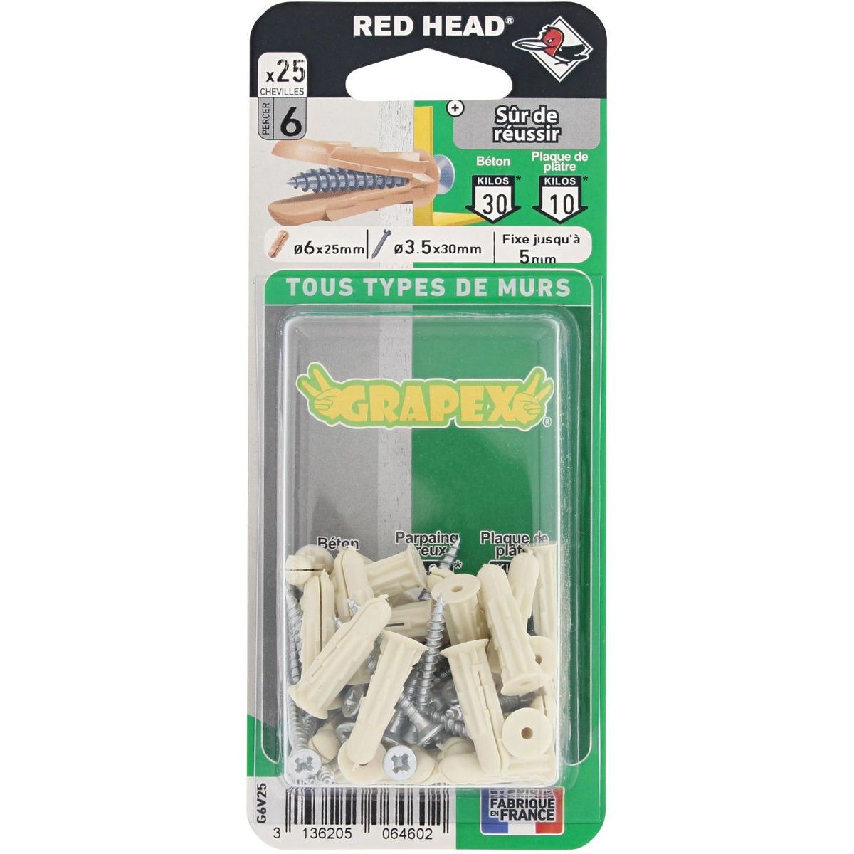 Lot de 25 chevilles grapex ø6 x 25 mm avec vis tf ø3,5 x 30 mm beige ...