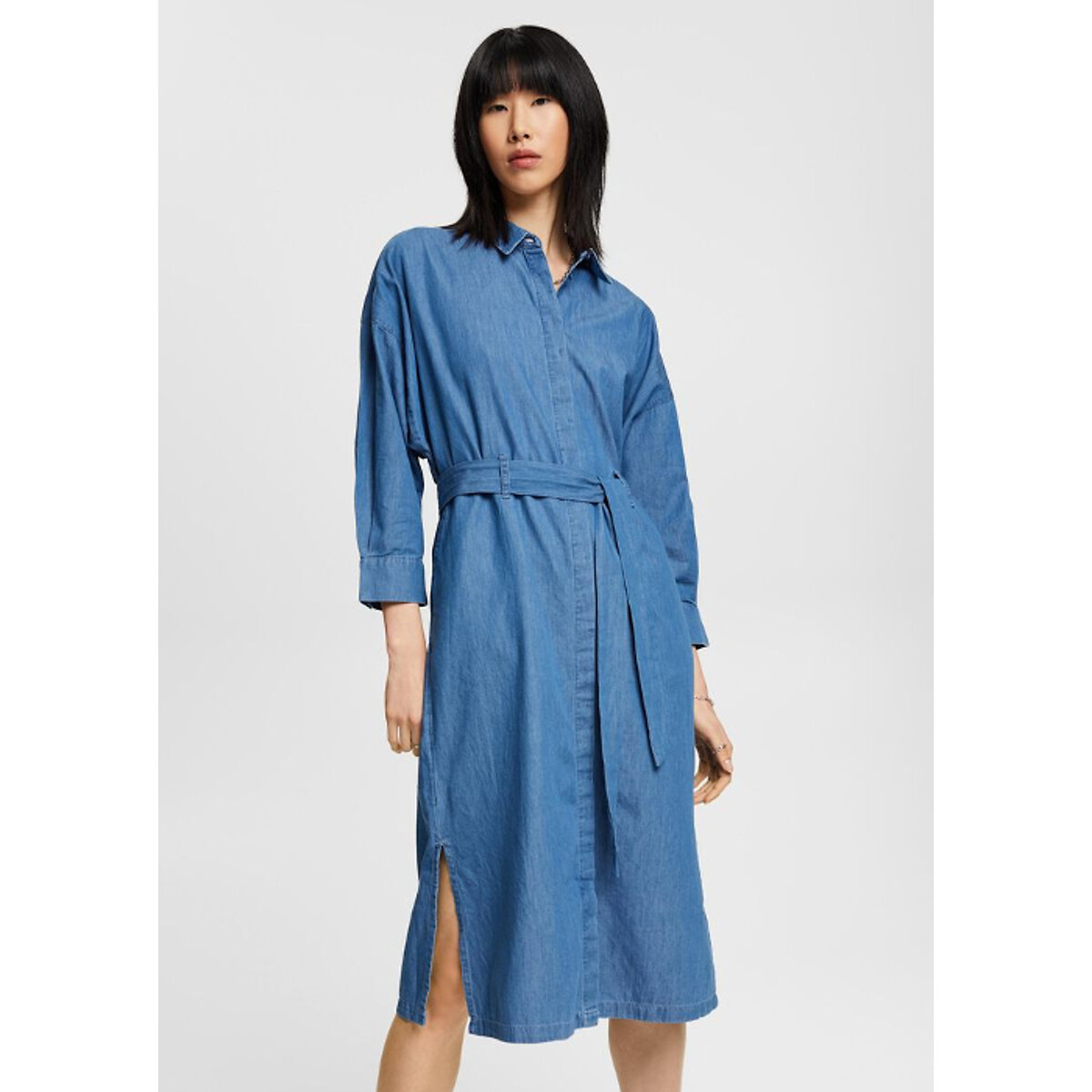 Denim Buttoned Shirt Dress with 3/4 Length Sleeves