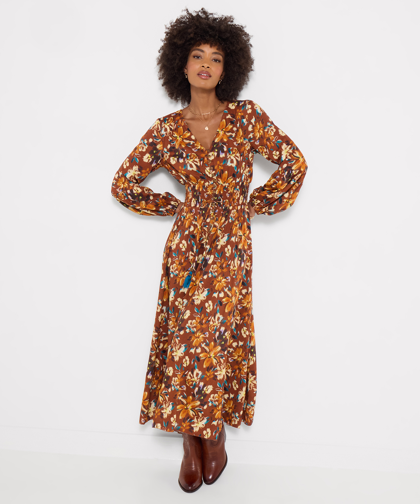 Robe Longue Fleurie à Empiècement en Dentelle Sienna, JOE BROWNS