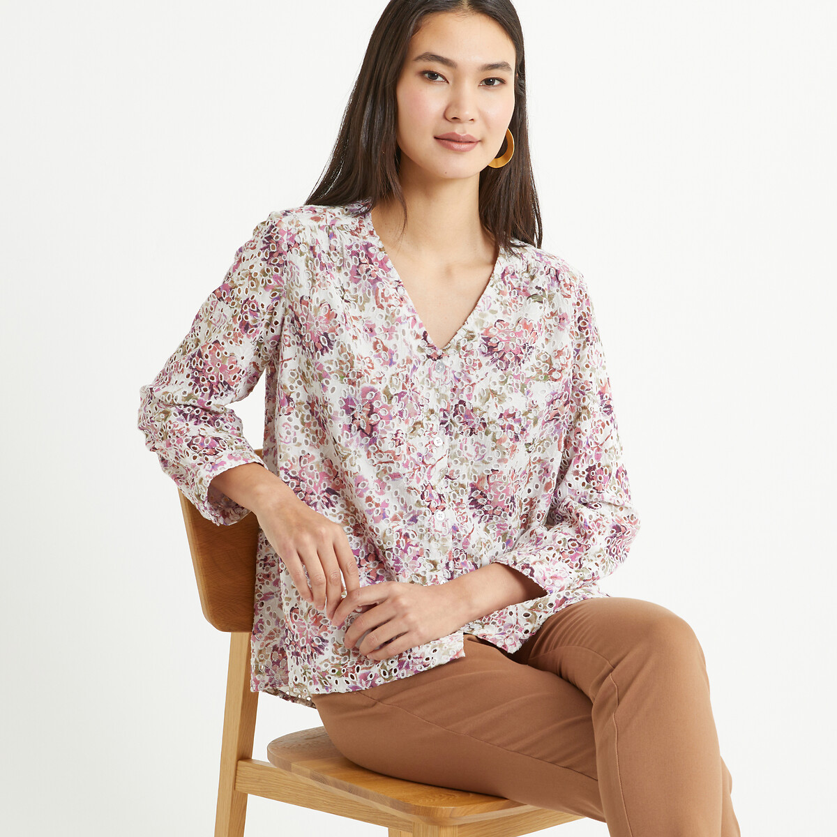 Floral V-Neck Blouse with 3/4 Length Sleeves