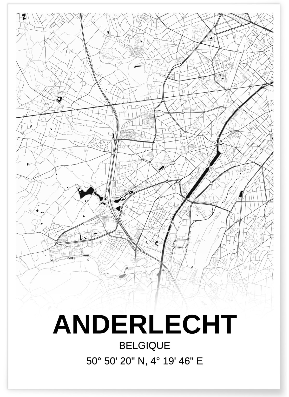 Affiche carte Anderlecht - rectangle Noir et Blanc, L'AFFICHERIE