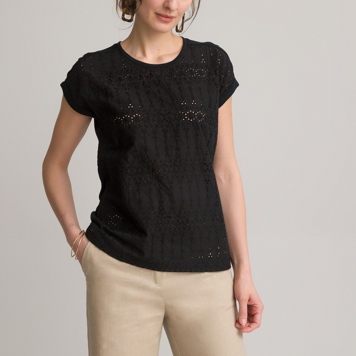 Cotton Broderie Anglaise T-Shirt with Short Sleeves