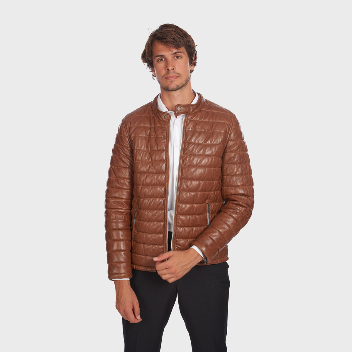Doudoune courte en cuir col mao JULIEN, OAKWOOD