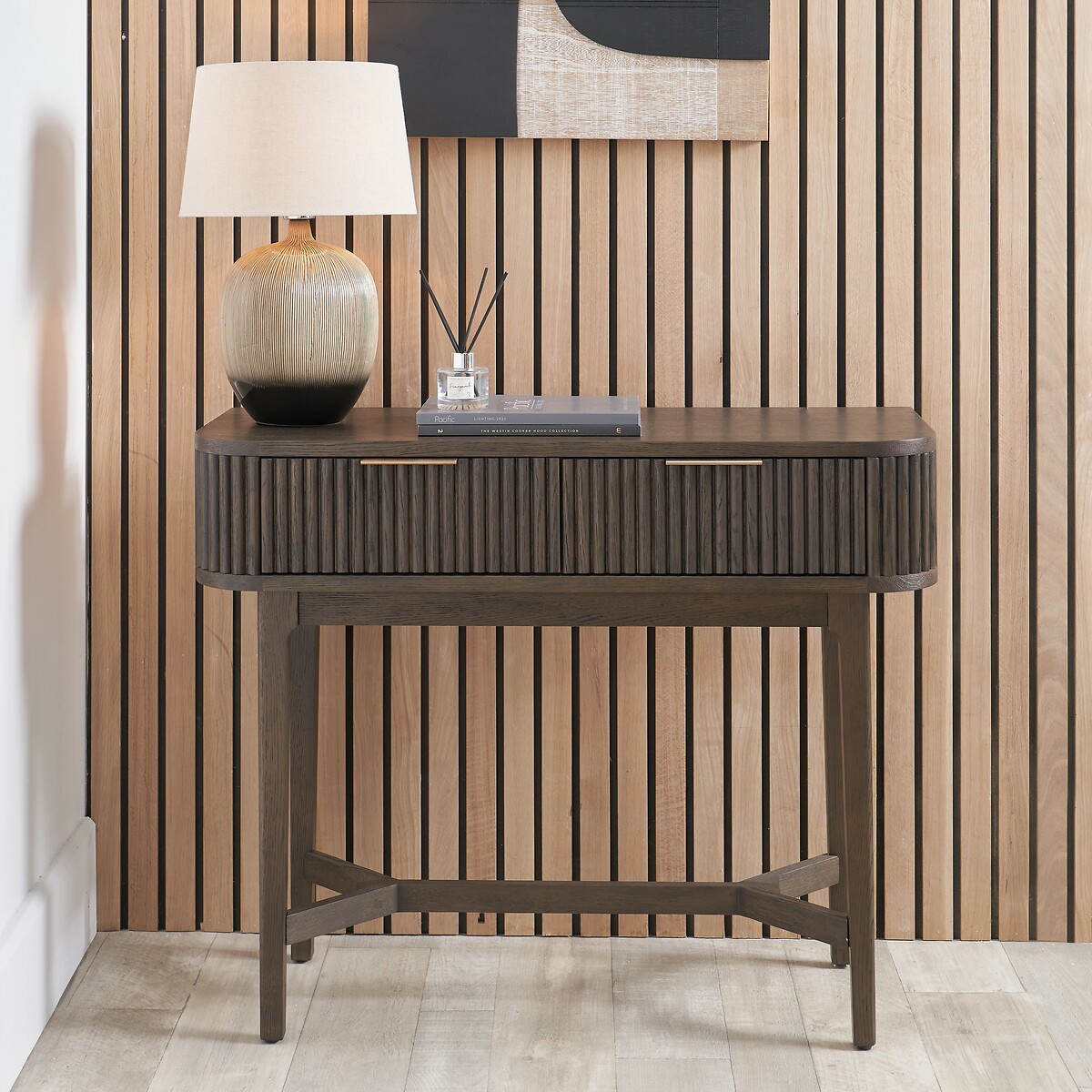 Renzo Fluted Oak 2 Drawer Console Table, ÉDITÉ