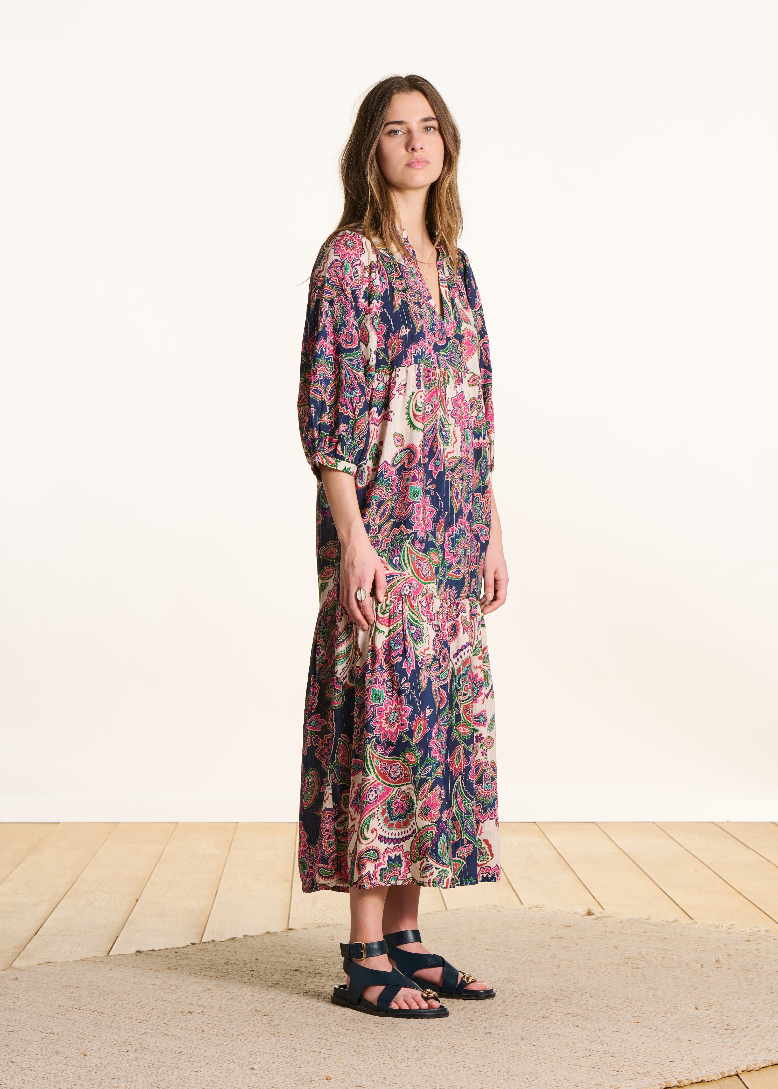 Robe longue à volant imprimé multicolore manches 3/4, LA FEE MARABOUTEE