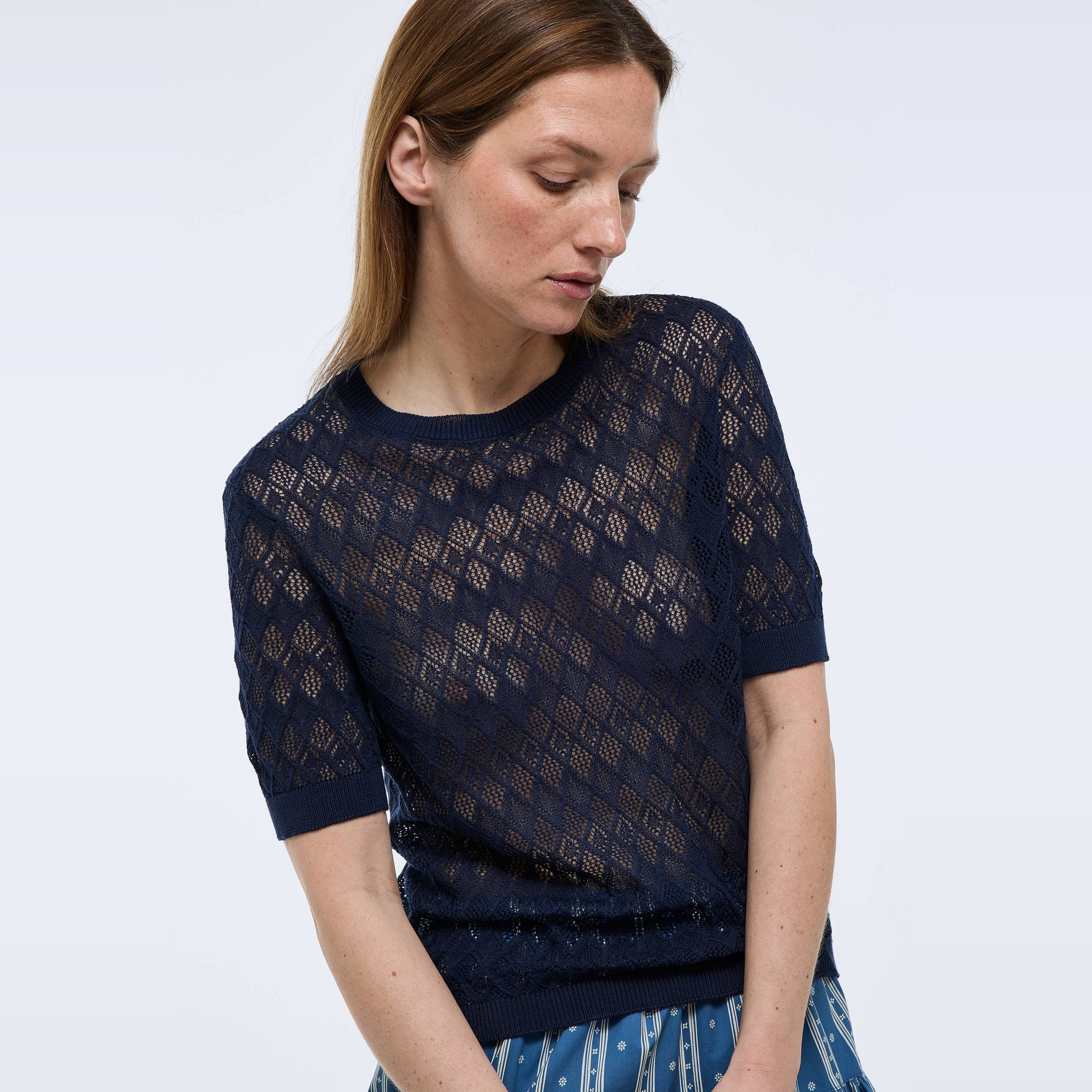Pull manches courtes détails ajourés, MONOPRIX