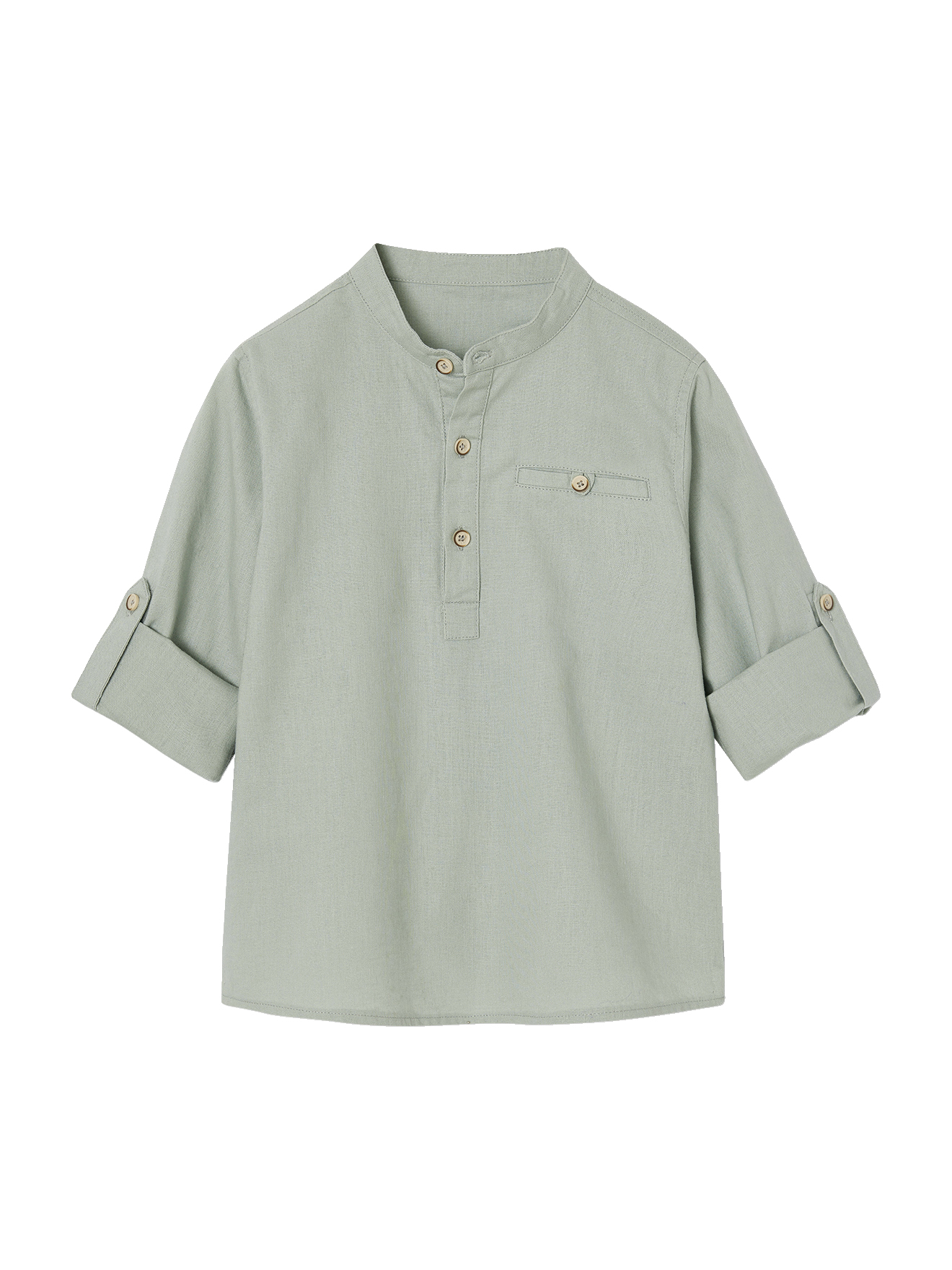 Chemise Garçon Col Mao En Coton/lin - Manches Longues Retroussables - Vertbaudet - Taille 10 Ans - Blanc