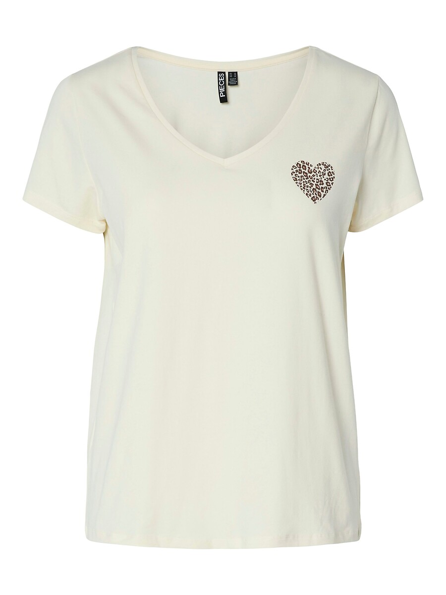 T-shirt col V, motif devant, PIECES