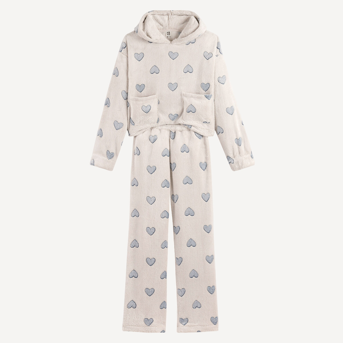 Pyjama 2 pièces, manches longues et capuche, en polaire imprimé cœurs, LA REDOUTE COLLECTIONS