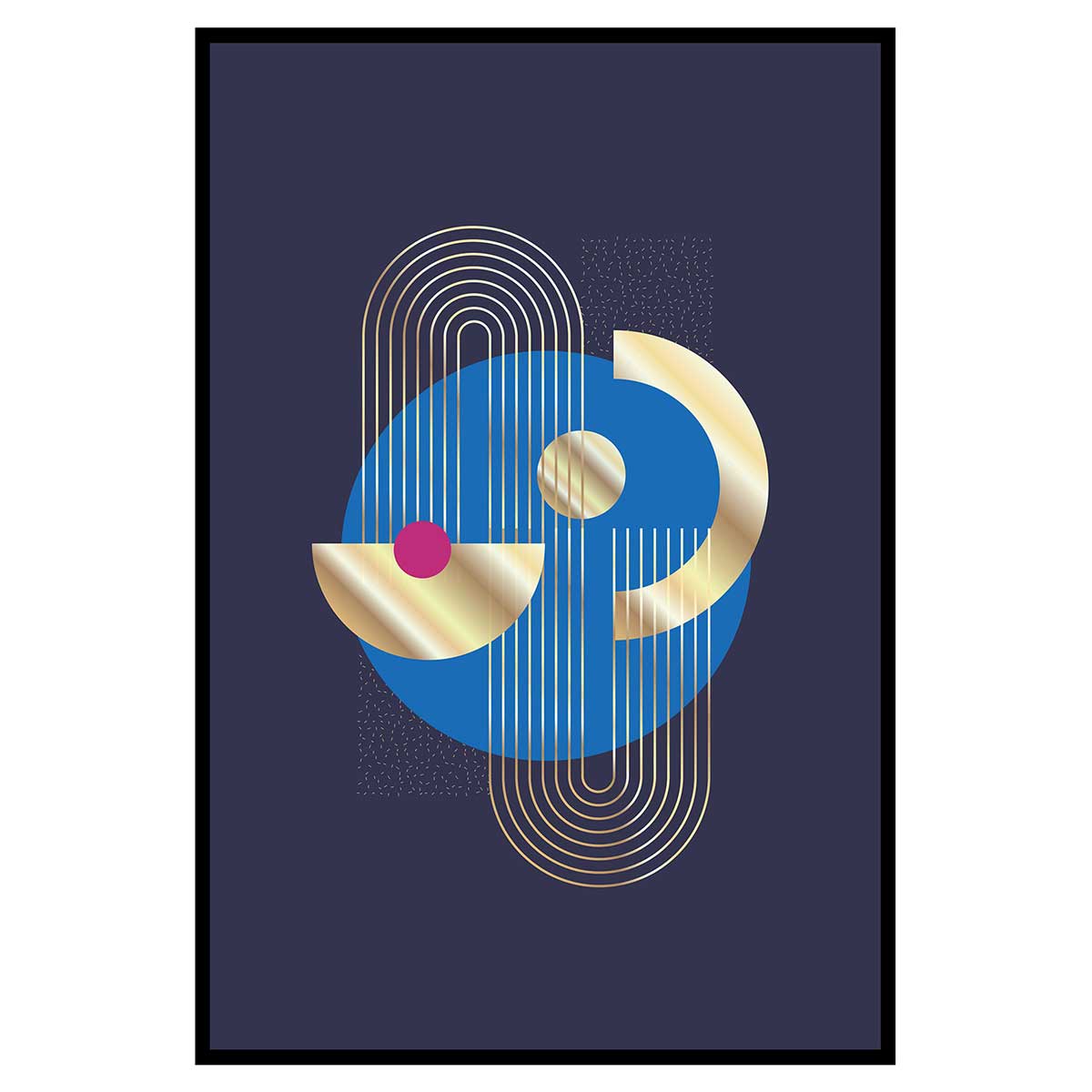 Affiche abstraite géométrique moderne fond bleu et doré, HEXOA