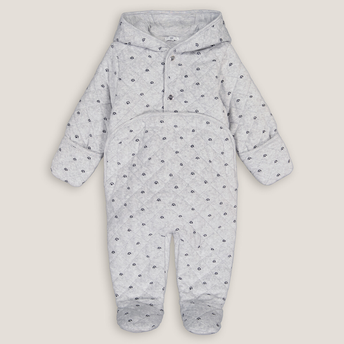 Printed Velour Hooded Pramsuit In Cotton Mix, 1 Month-18 Months By La Redoute