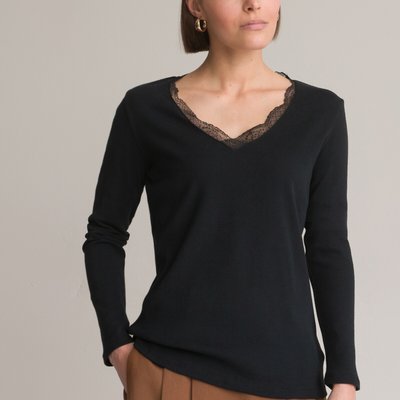 Cotton Lace V-Neck T-Shirt with Long Sleeves ANNE WEYBURN