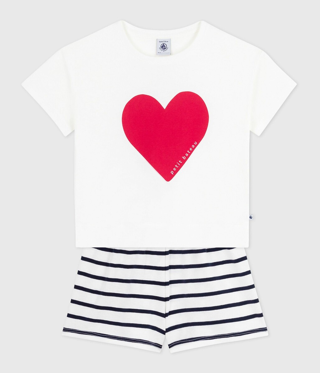 Cotton Short Pyjamas with Heart and Striped Print, PETIT BATEAU