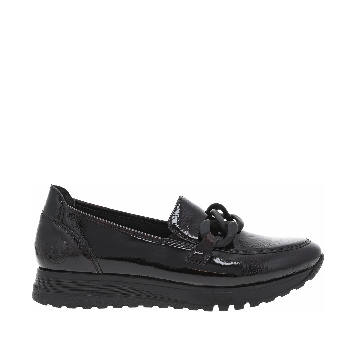 Mocassins en vernis bordeaux avec semelle à talon plat et maillons décoratifs, RIEKER