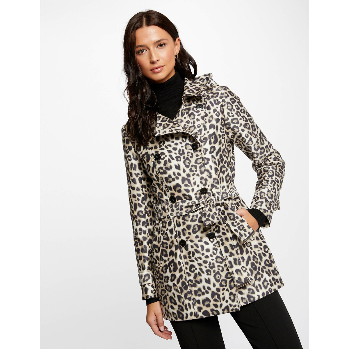 Image of Short Hooded Trench Coat in Leopard Print