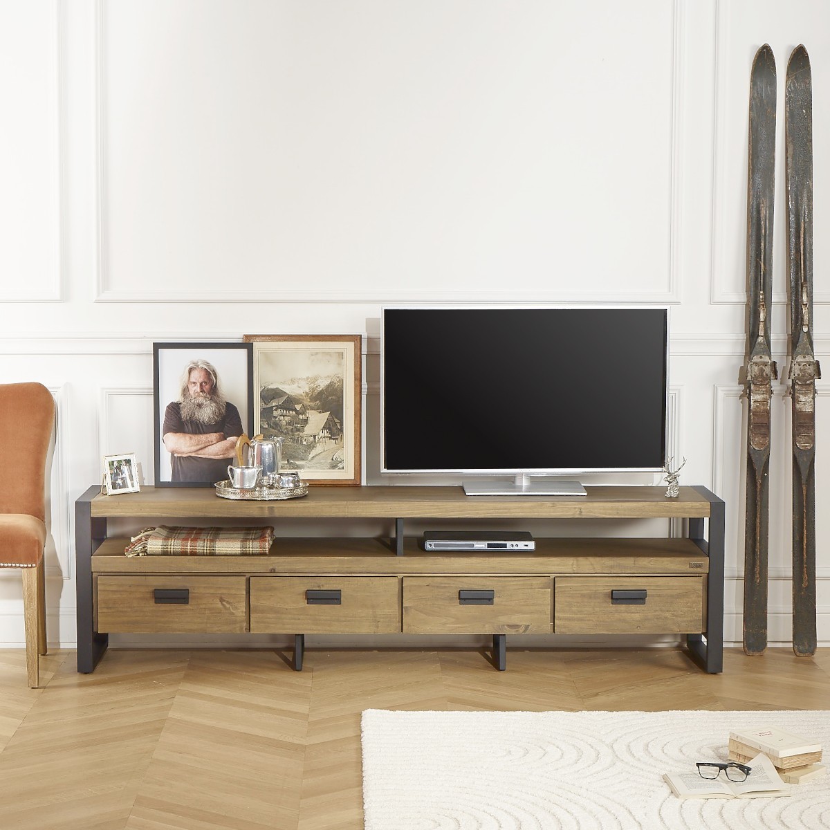 Meuble tv style contemporain en pin et métal, 2 tiroirs JACK, ROBIN DES BOIS