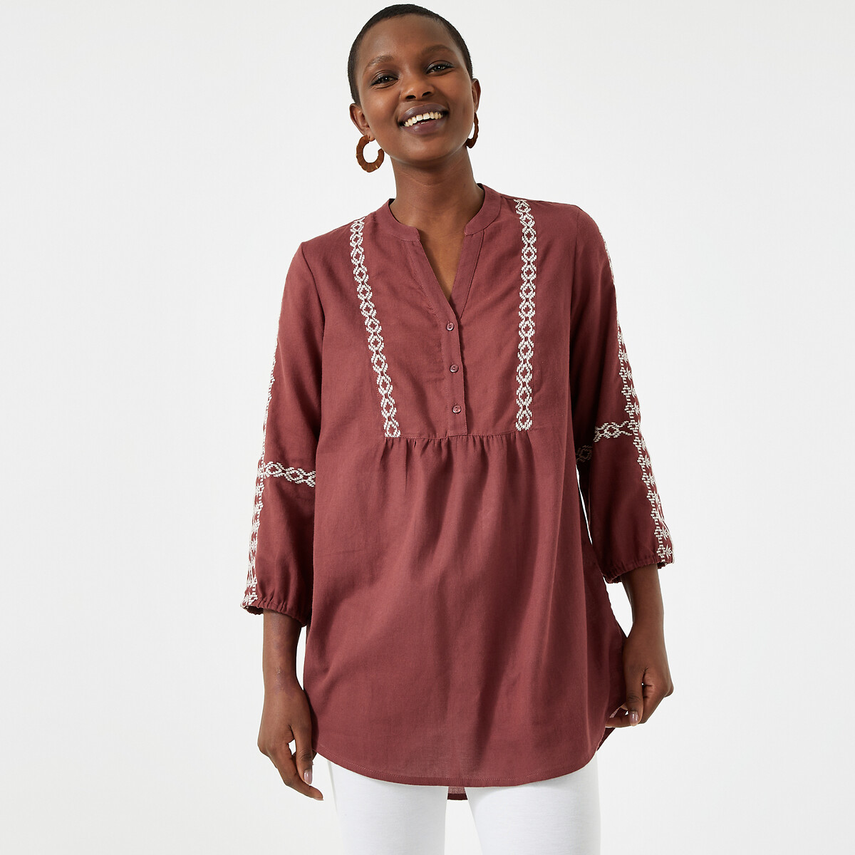 Image of Cotton Grandad Collar Tunic with 3/4 Length Sleeves