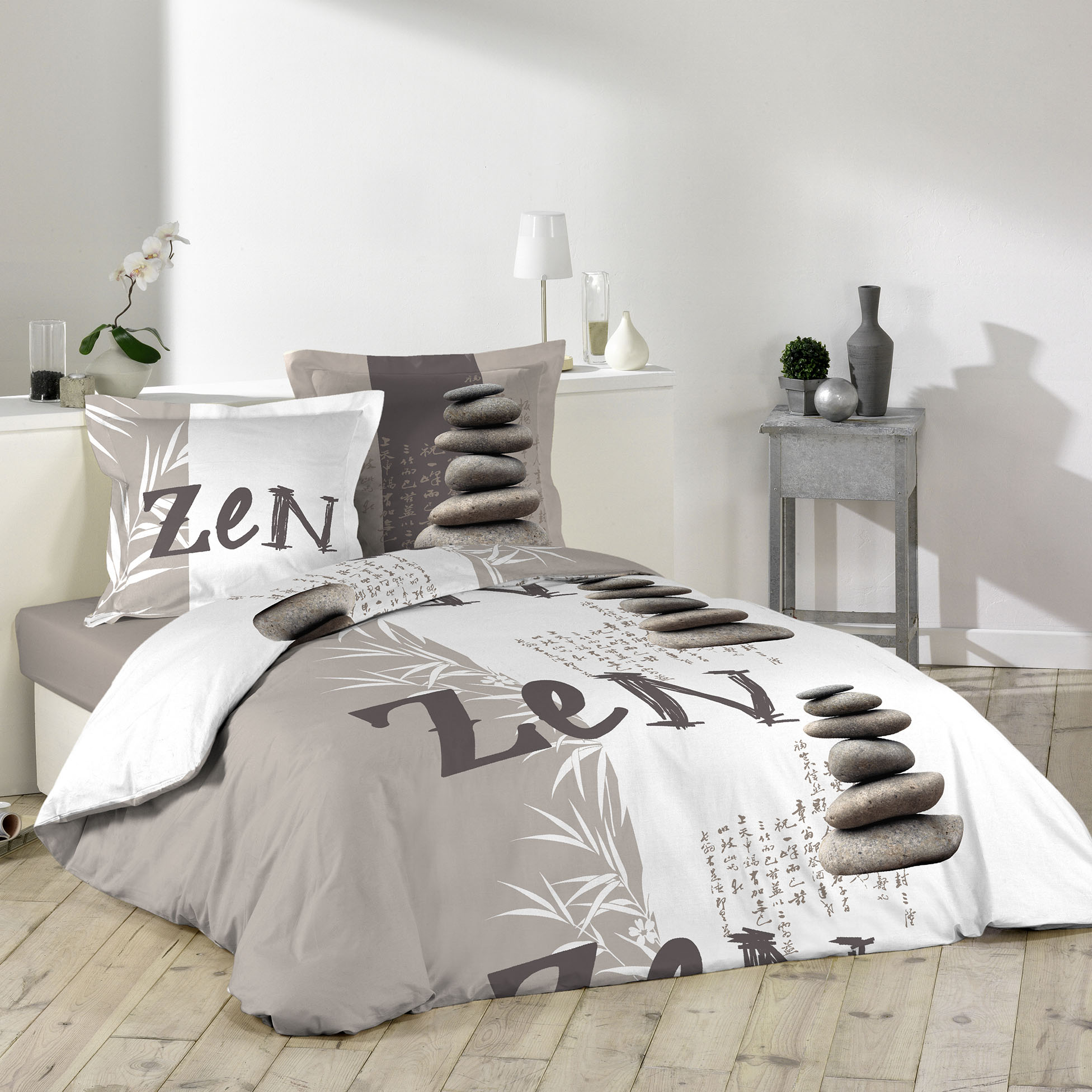 Housse De Couette Zen 90x190cm Enfant - Microfibre, Motif Pierre Zen - Parure 2 Pièces (housse + Taie 40x60)