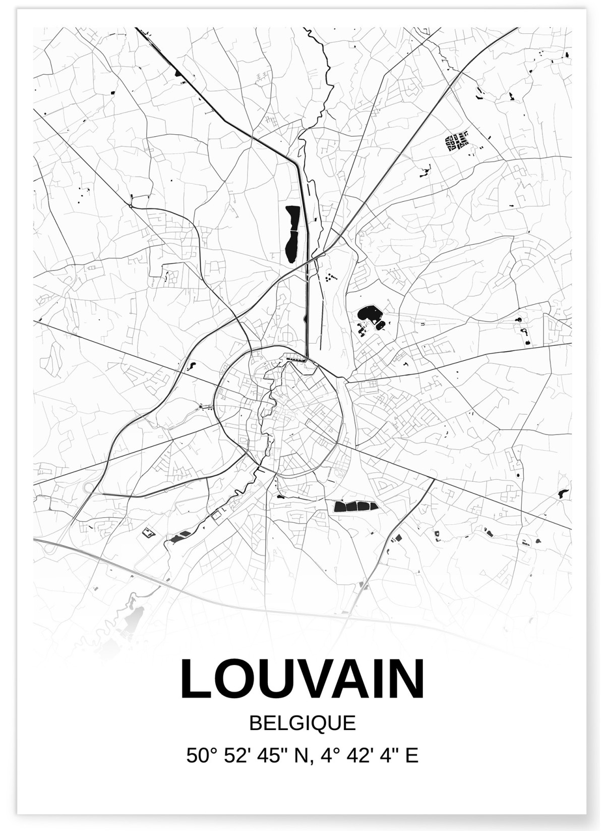 Affiche carte Louvain - rectangle Noir et Blanc, L'AFFICHERIE
