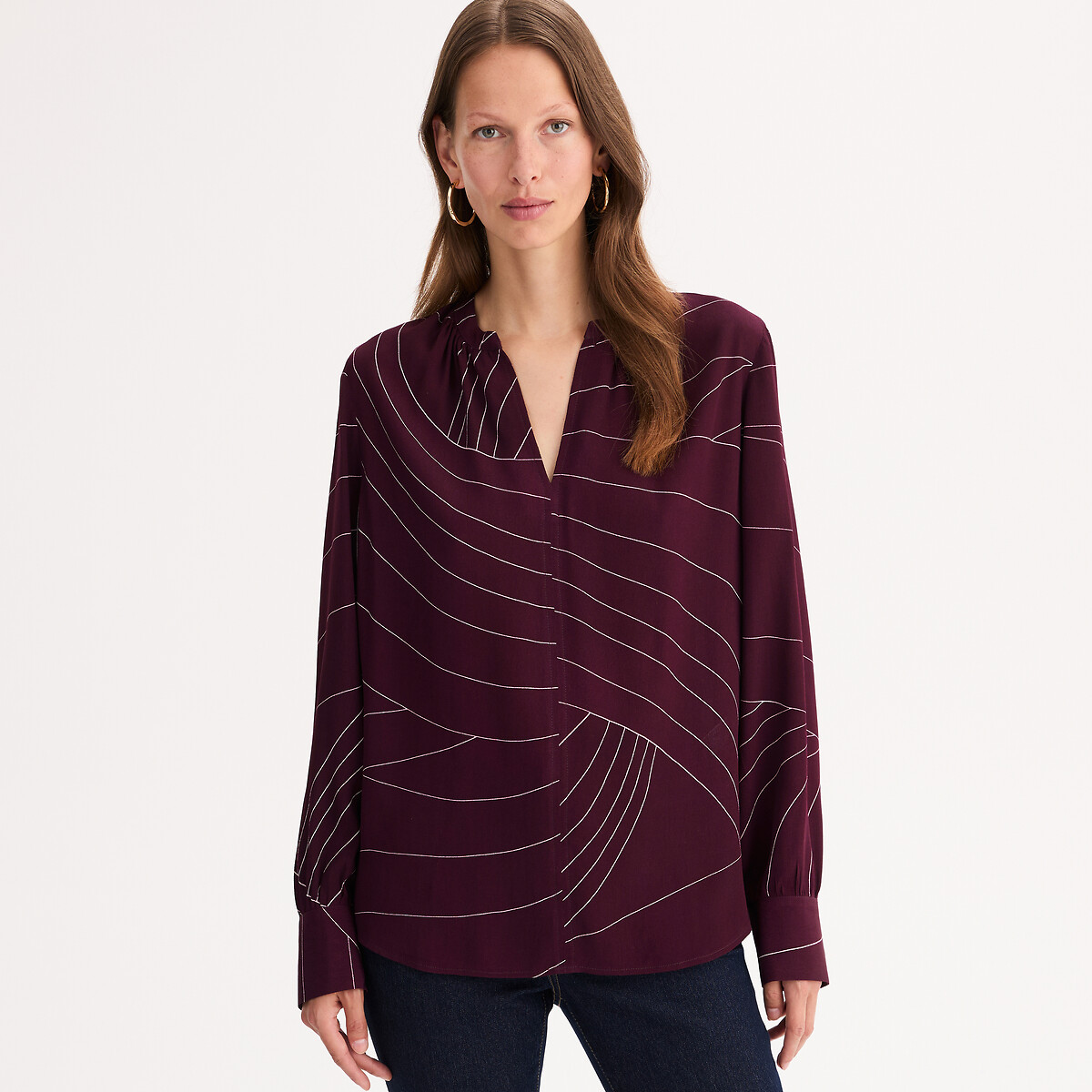 Graphic Print Blouse with Grandad Collar, ANNE WEYBURN