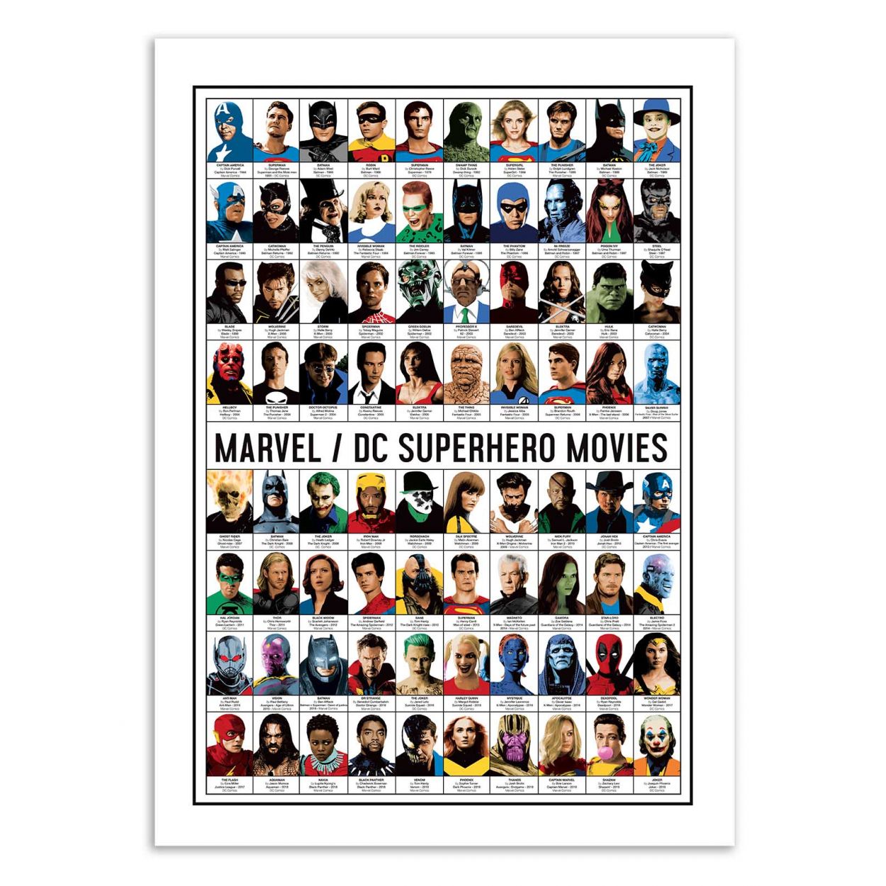 Affiche d’art et cadre noir 50 x 70 cm - Marvel and DC Superhero movies - Olivier Bourdereau, WALL EDITIONS