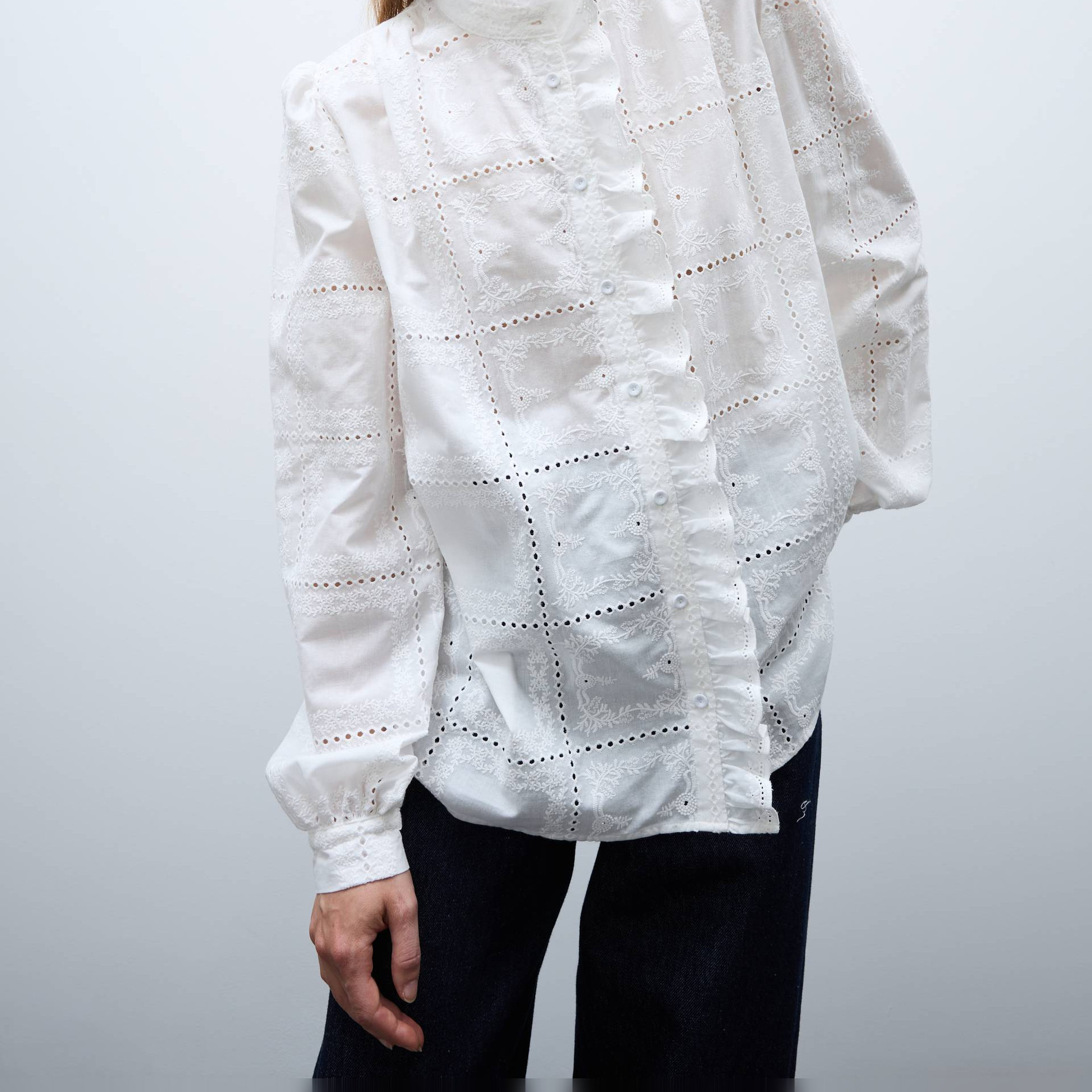 Blouse manches longues brodée en coton, MONOPRIX