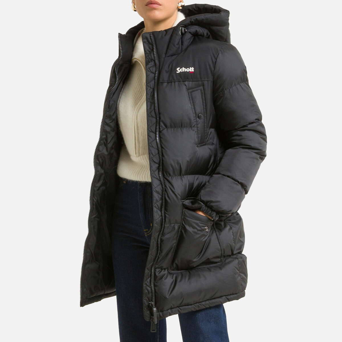 Image of Long Hooded Padded Jacket with Zip Fastening