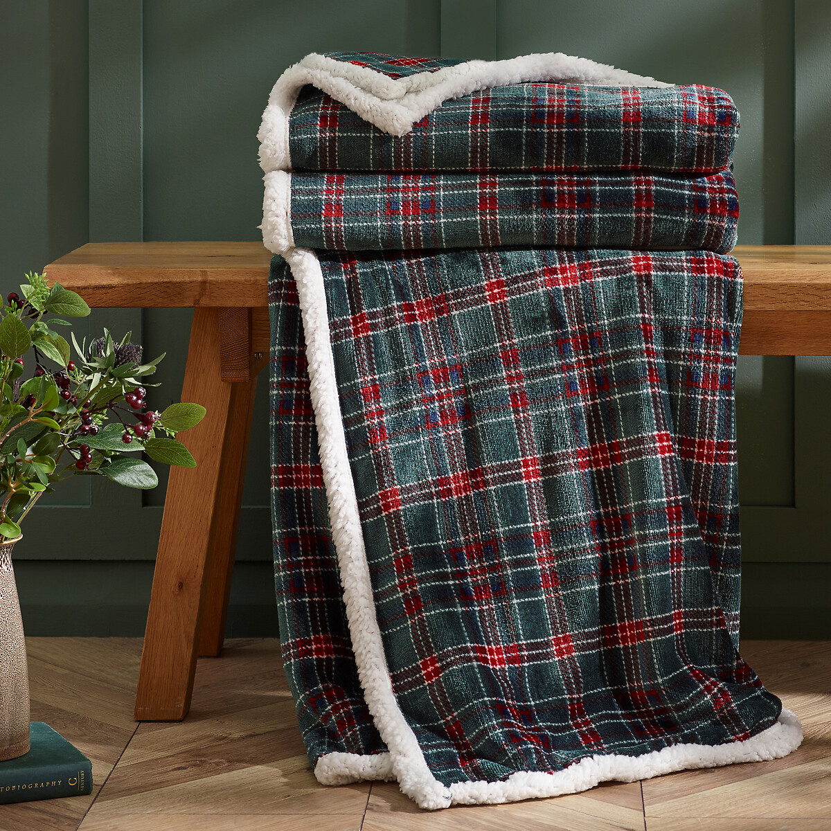 Tartan Sherpa Check Cosy Fleece Blanket Throw, CATHERINE LANSFIELD