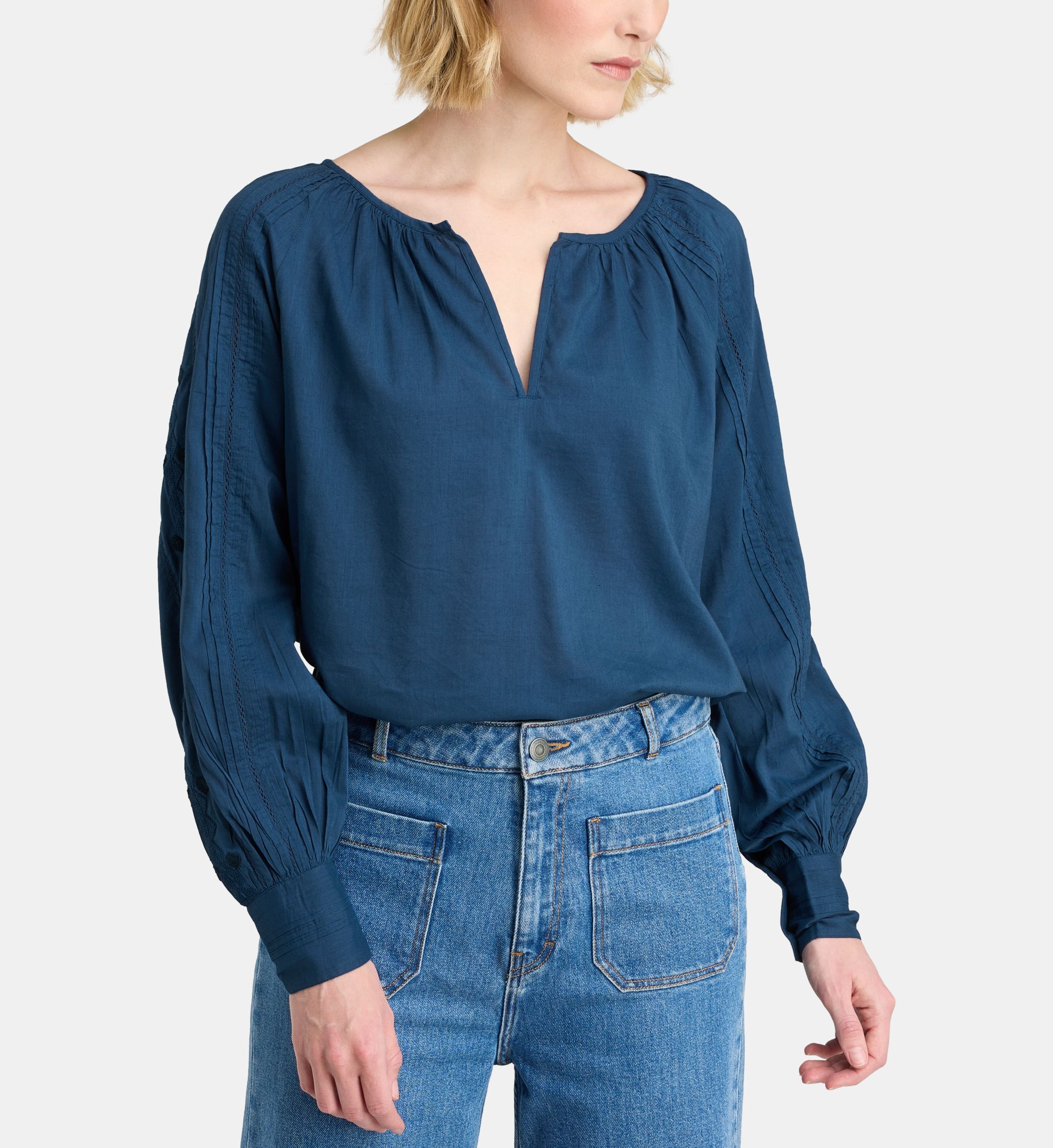 Haut echo brod ample en coton à manches longues, GALERIES LAFAYETTE