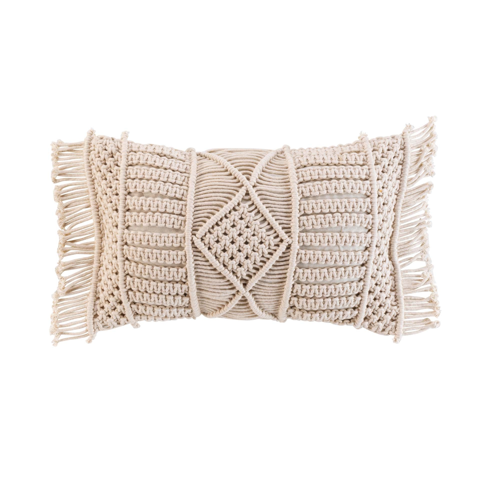 Coussin déhoussable avec franges et macramé, DOUCEUR D'INTÉRIEUR