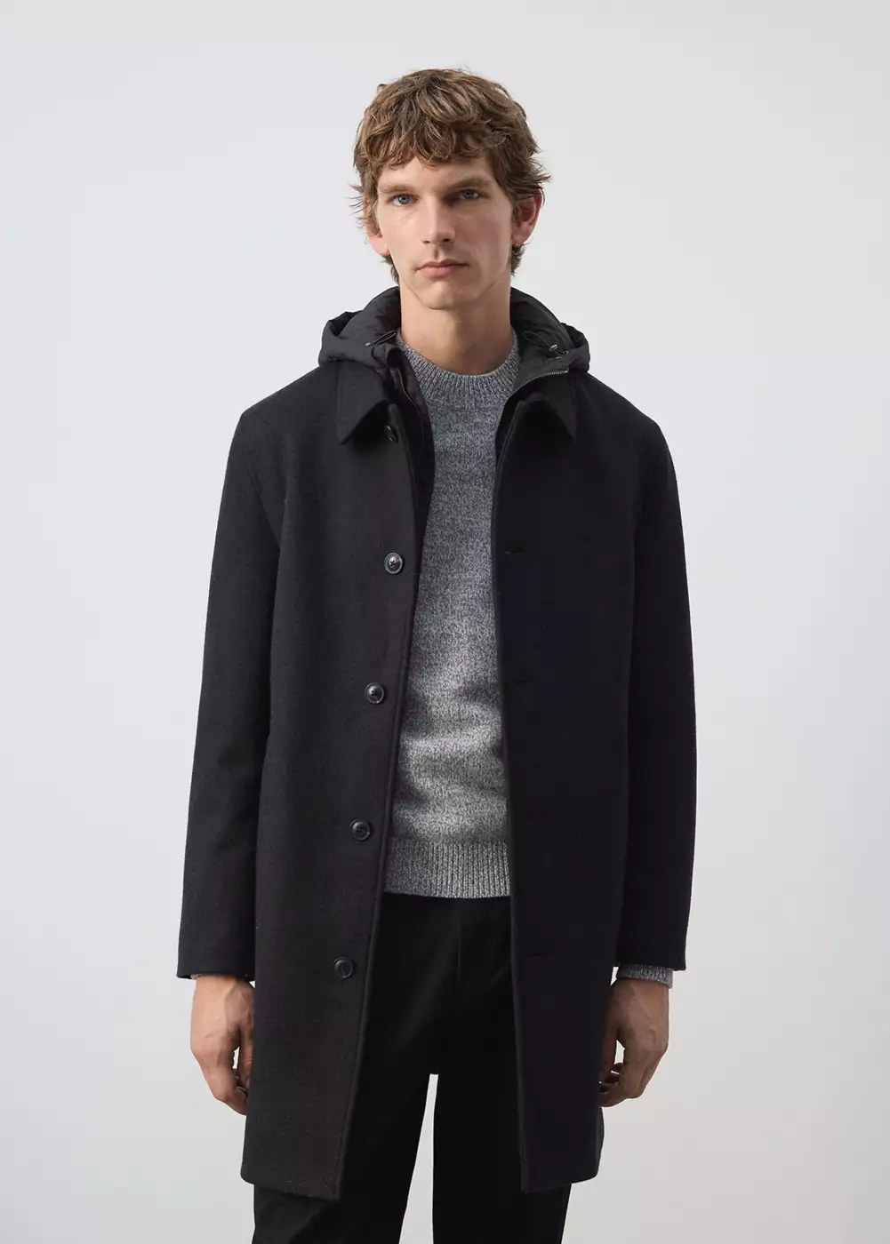 Manteau laine mélangée capuche amovible, MANGO MAN