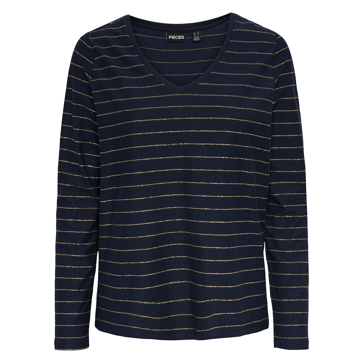 Striped Cotton Mix T-Shirt with V-Neck and Long Sleeves